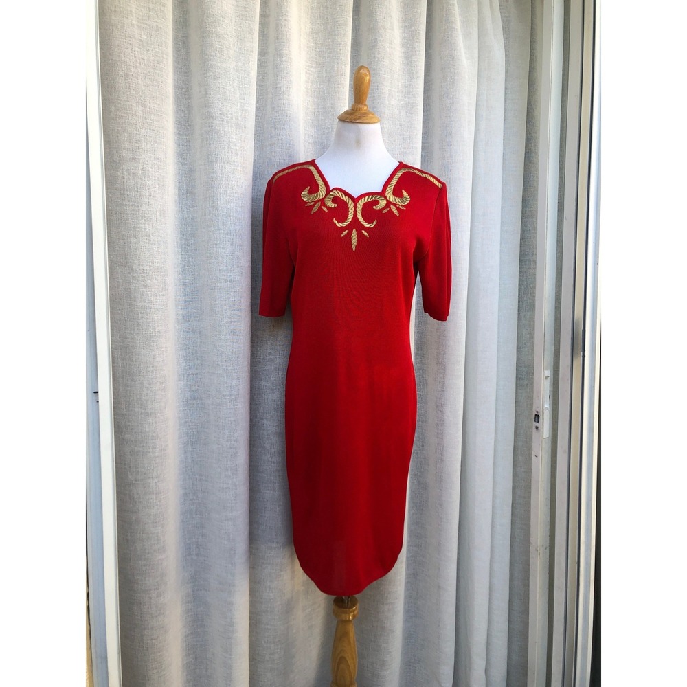 1990's Rocco Barocco knit viscose shift red dress short sleeves gold embroidery